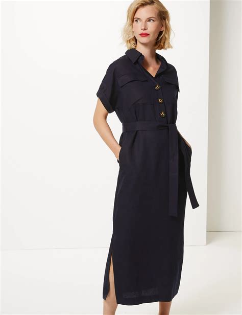 LINEN BLEND MIDI SHIRT DRESS .